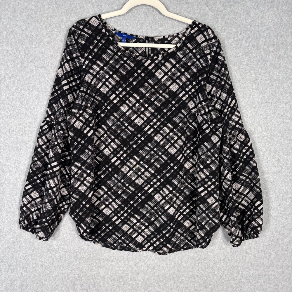 Apt 9 Textured Plaid Blouse Large Black Cream Puff Maximalist Loose‎ Neutral